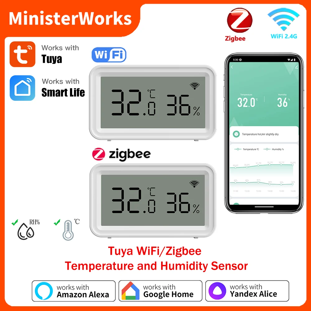 Tuya WiFi oder Zigbee Temperatur-Feuchtigkeitssensor Smart Life Echtzeit-Fernüberwachungs-Automatisierungs-App über Alexa Google Assistant Image