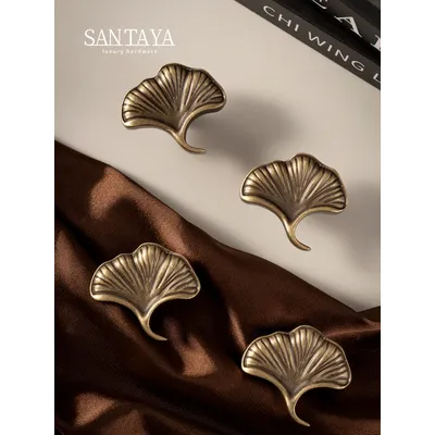 Antique Brass Drawer Knobs Luxury Dresser Drawers Knob Solid Round Handle Single Hole Ginkgo biloba Design kitchen Cabinet Pull