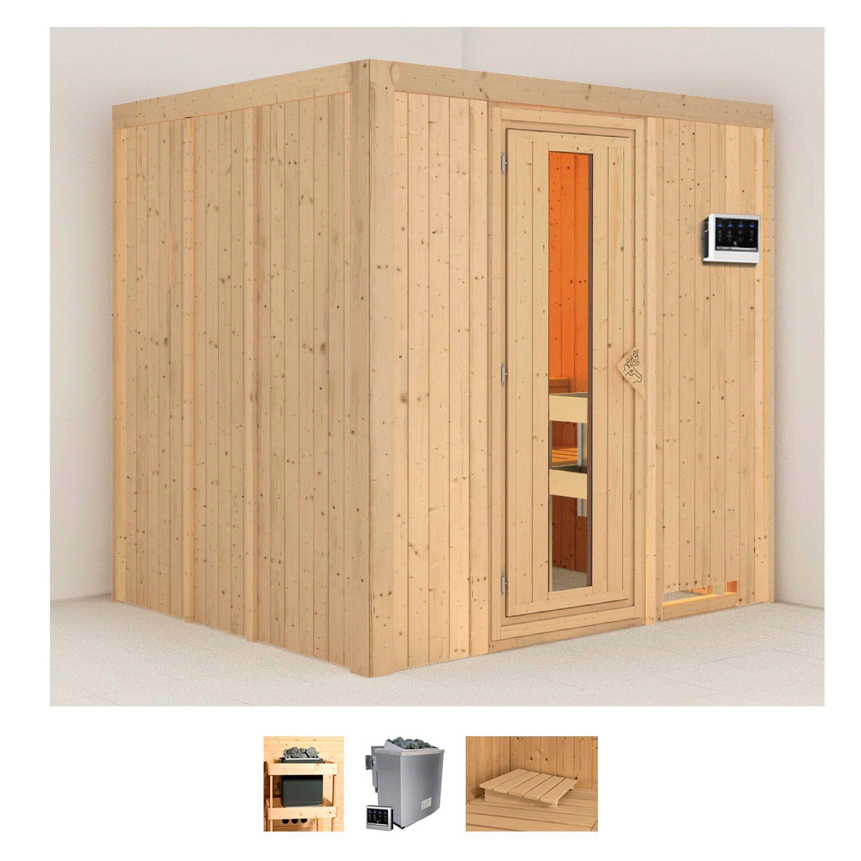 Sauna KARIBU "Sodin", beige (naturbelassen), Bio-Kombiofen, externe Steuerung, 9 kW, Saunen, 9 KW-Bio-Ofen mit externer Steuerung Image