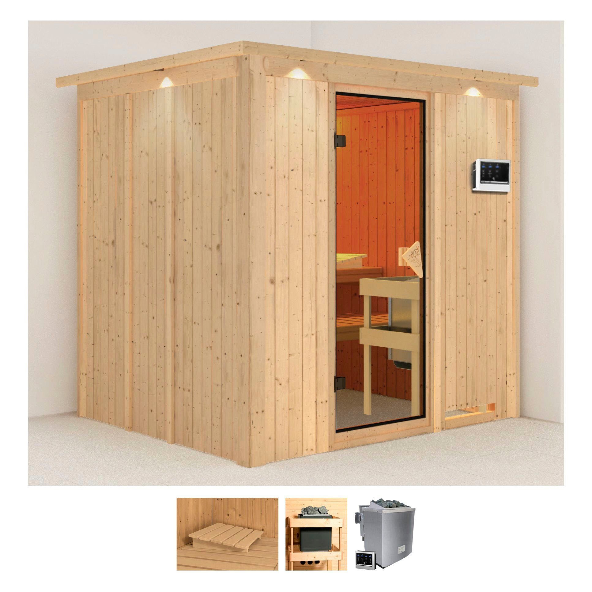 Sauna KARIBU "Sodin", beige (naturbelassen), Saunaofen, externe Steuerung, 9 kW, Saunen, 9 KW-Ofen mit externer Steuerung Image