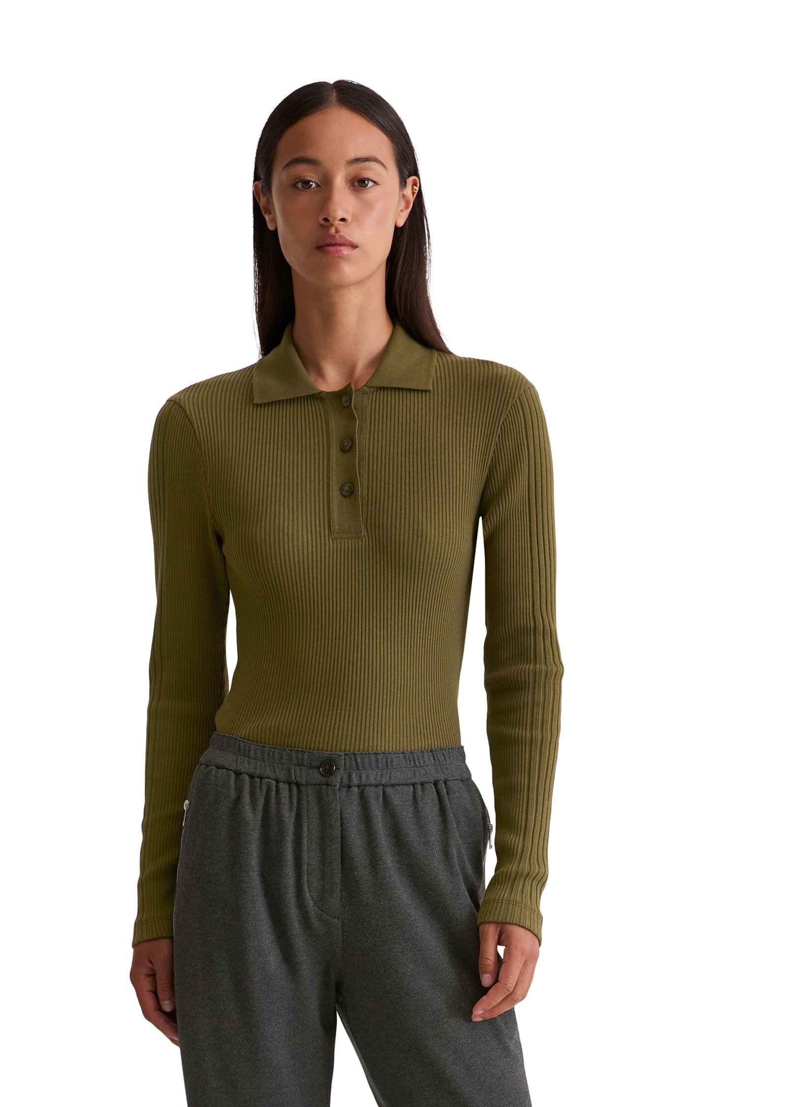 Langarm-Poloshirt MARC O'POLO "aus Organic Cotton Jersey", Damen, Gr. M, mossy olive, Obermaterial: 100% Baumwolle, unifarben, slim fit, Shirts