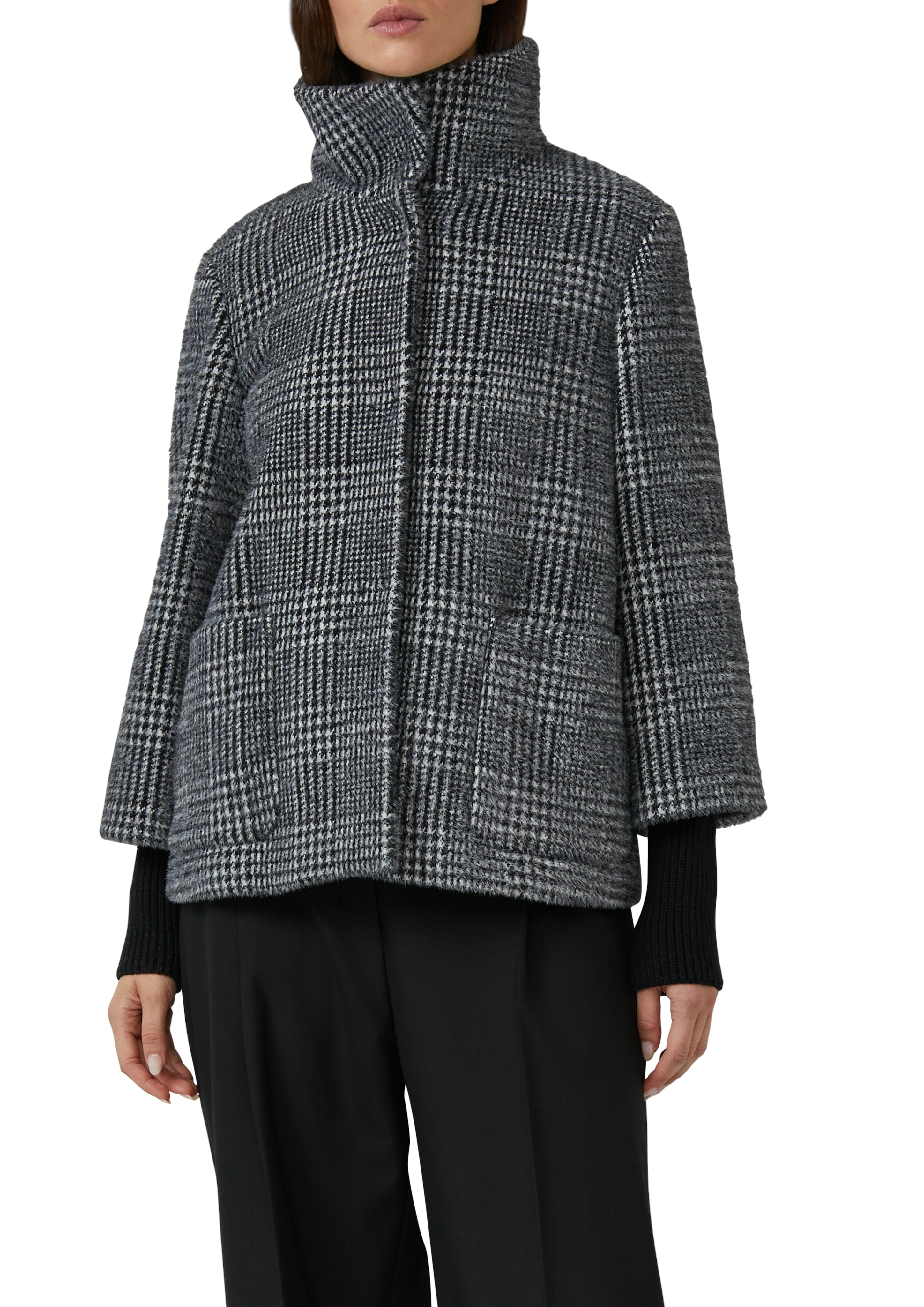 Outdoorjacke S.OLIVER BLACK LABEL, Damen, Gr. 38, schwarz (grau, schwarz karo), Web, Obermaterial: 63% Polyamid, 37% Polyester. Futter: 100% Polyester, kariert, lässig geschnitten hüftbedeckend, Rundhals, Flachstrickbündchen, Jacken Outdoorjacke,...