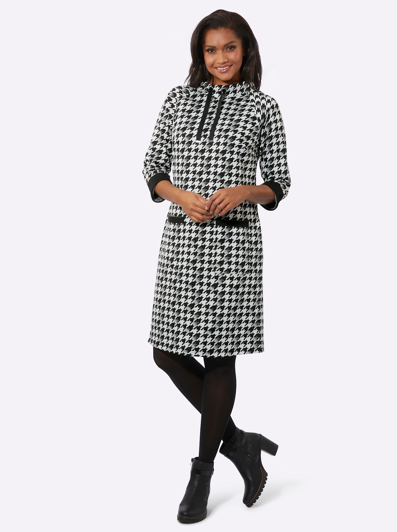 Jerseykleid INSPIRATIONEN "Jersey-Kleid", Damen, Gr. 50, Normalgrößen, schwarz (ecru, schwarz, gemustert), Jersey, 62% Polyester, 35% Viskose, 3% Elasthan, Hahnentrittmuster, gemustert, mehrfarbig, kurz, Kleider Image