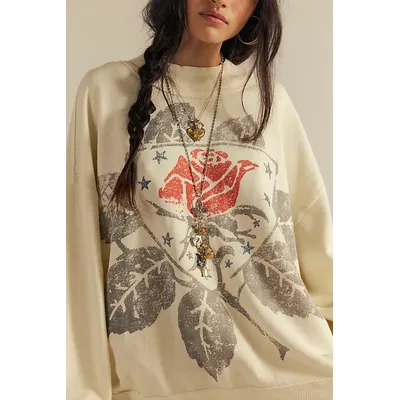 We The Free Palm Spring Turtleneck Graphic Pullover at Free People in Ivory Combo Rose, Size: Small