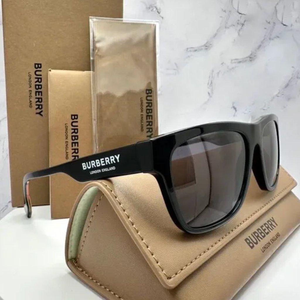 Burberry Accessories | Burberry Sunglasses Black Polarized Square White Logo Solid Checkered Interior | Color: Black/Brown | Size: 56-17-145
