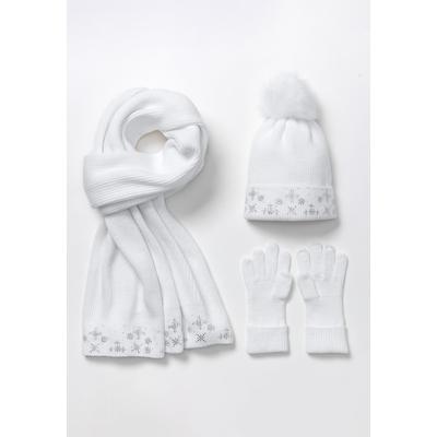 Women's 3 Piece Embellished Hat, Scarf And Gloves Set by Accessories For All in White