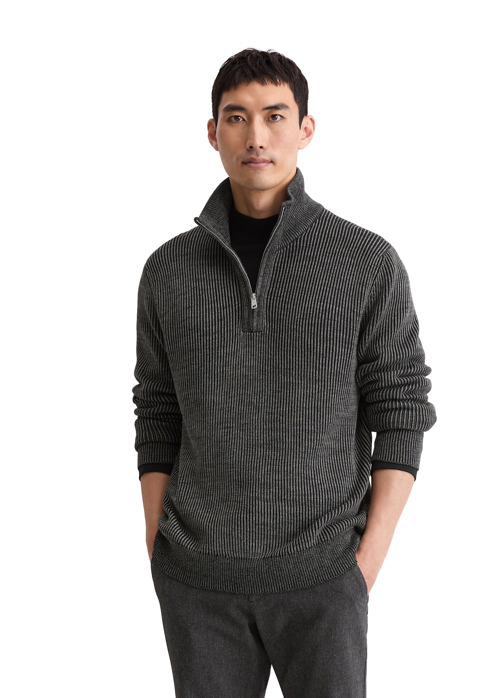 Troyer MARC O'POLO, Herren, Gr. L, multi, heavy knit, Rippstrick, Obermaterial: 40% Baumwolle, 40% Schurwolle, 20% Polyamid, Strukturmuster, regular fit normal, hoch geschlossener Ausschnitt, Bündchen, Pullover, Stehkragen, regular fit, Bi-Color-Look Image