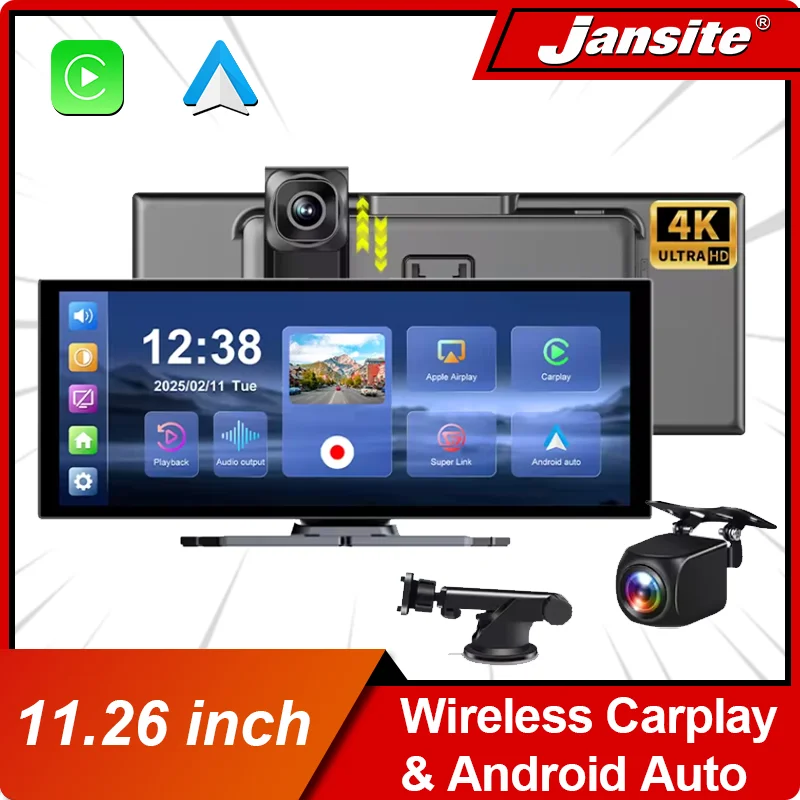 Jansite NEUE 11,26 zoll 4K DVR Drahtlose CarPlay und Android Auto Tragbare Dash Cam Auto Bildschirm Video Recorder 5G WIFI Navigation Image