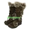 Damen-Pom-Pom-Pom mit dunklem Keilabsatz, süße Vintage-Stiefel, Wildlederfell-Kniestiefel, Größe Schuhe, Pelz, Schnürung, Keilabsatz, Retro-Stiefel, Größe 34–46