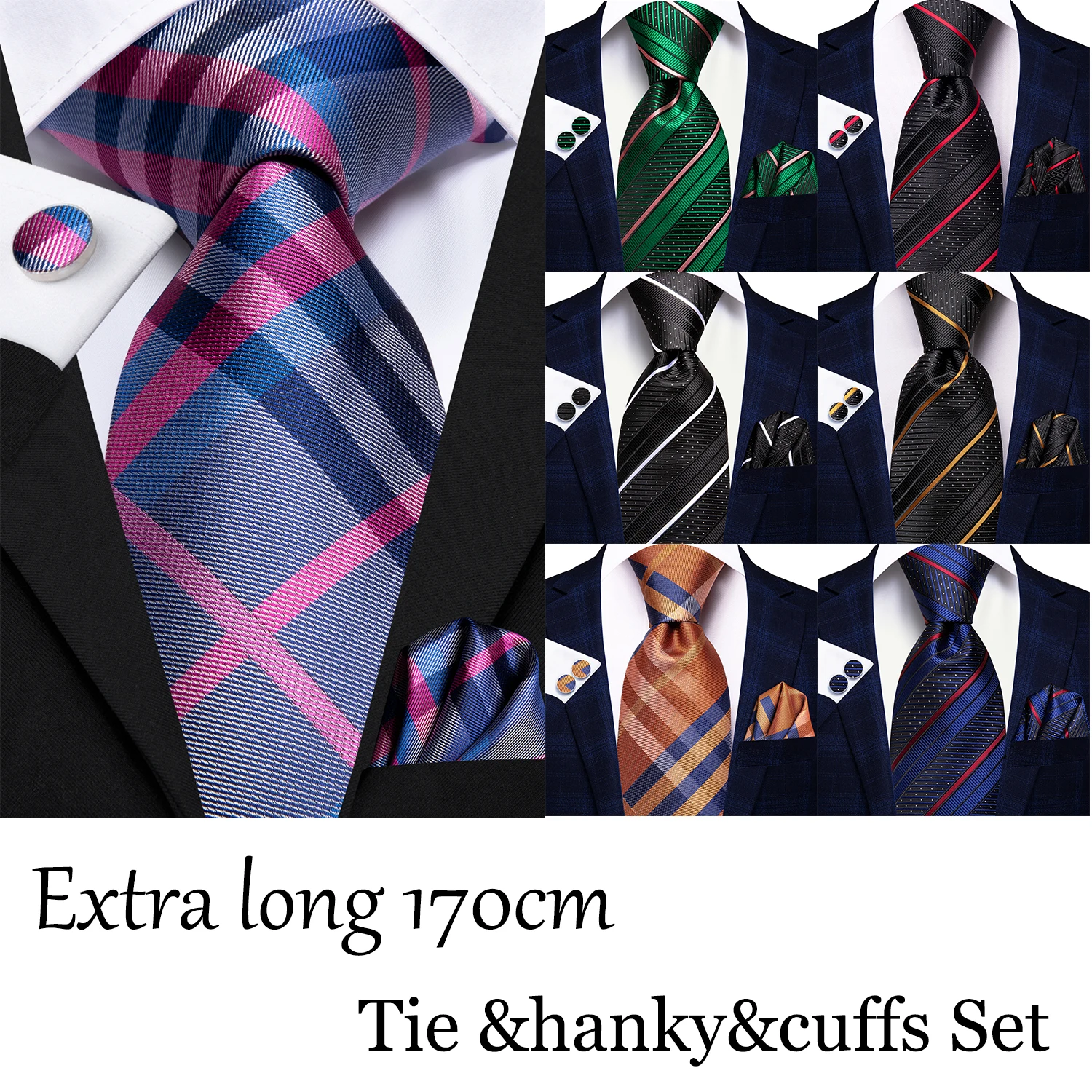 Hi-Tie Formal 170 cm gestreift Herren elegante Krawatte Taschentuch Manschettenknöpfe Set Hochzeit Party Zubehör Geschenk für Männer Gravats Image