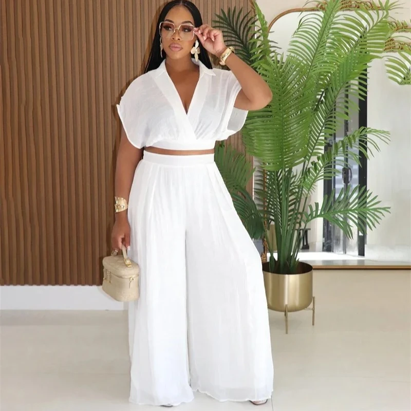 Solide, lockere, lässige 2-teilige Set für Damen-Outfit, Sommerkleidung, Urlaubs-Crop-Top und Hose mit weitem Bein, passende Sets, Jogging-Femme Image