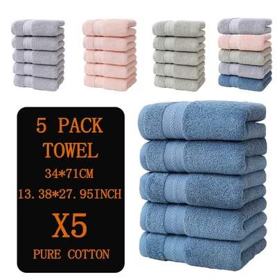 5 Plain Color Cotton Towels, Pure Cotton Soft, Absorbent and Skin-Friendly Face Towels, Pure Cotton Face Towel Set, Suitable for Home Bathroom Bathing