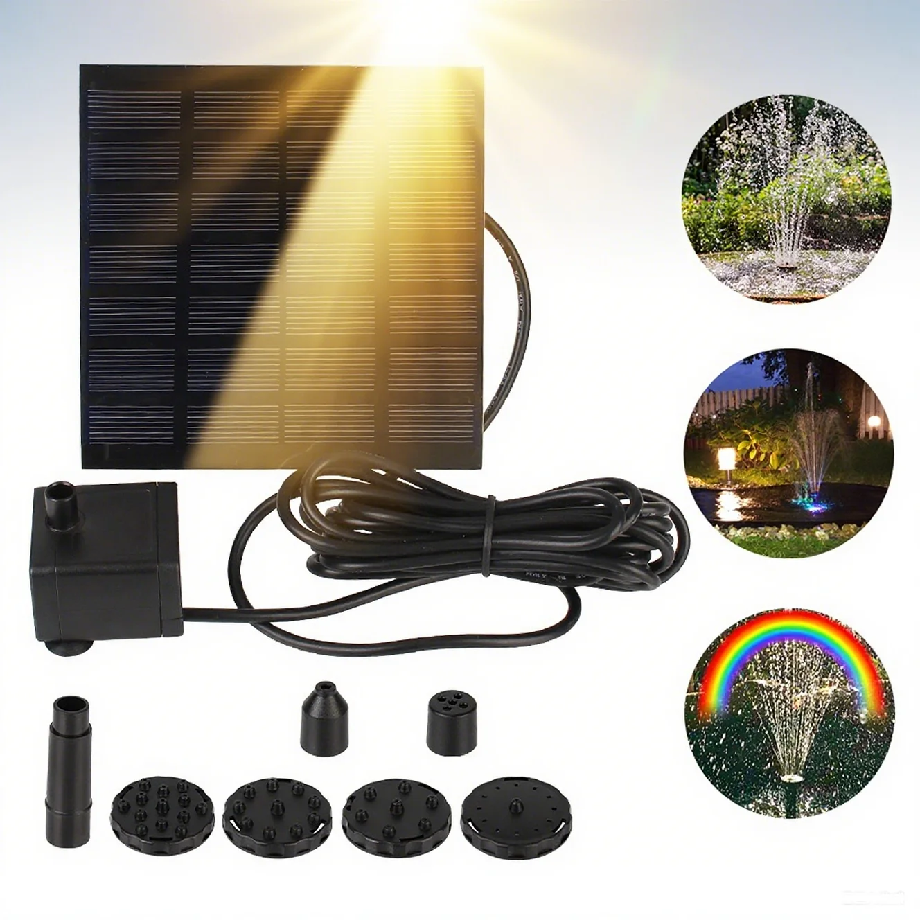 11/15,5 cm große Solar-Brunnenpumpen mit Paneelen – 8-Düsen-Sets für Bewässerung im Freien und Gartendekoration Image