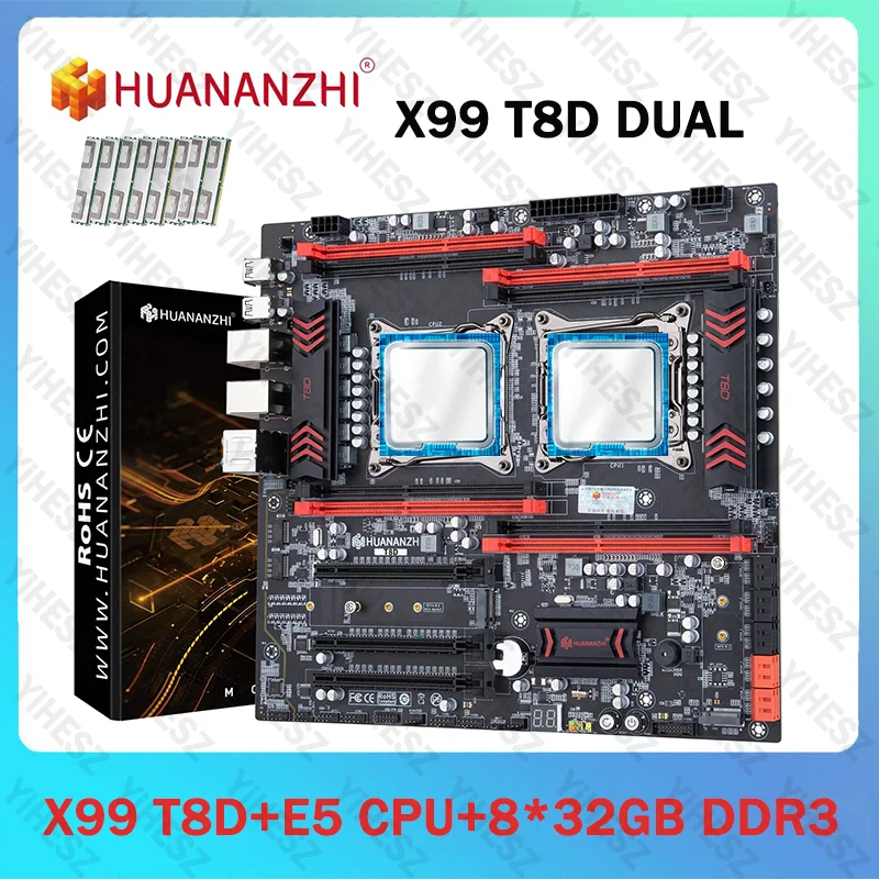 HUANANZHI X99 Dual CPU Motherboard Set Prozessor LGA 2011-3 E5 V3/V4 CPU*2 8*32G = 256GB DDR3 1866Mhz Unterstützung M.2 NVME NGFF T8D Image