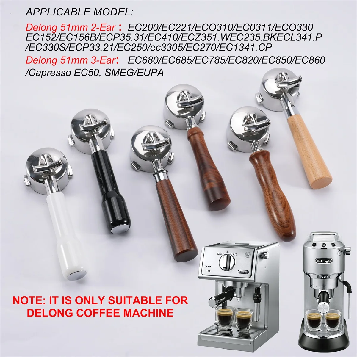 51mm Doppel Auslauf Kaffee Siebträger Für Delonghi EC680 EC310 Ersatz Filter Korb Espresso Maschine Griff Cafe Zubehör Image