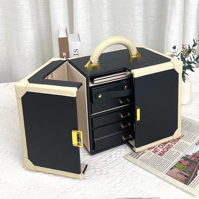 Luxuriöse Schmuckschatulle aus Leder, Vintage-Aufbewahrungsbox, Ring, Halskette, Armband, großes Fassungsvermögen, Organizer-Etui, Schmuckschrank mit Spiegel