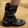 Vintage Cowboy Stiefeletten Luxus Leder Elegante Prägnante Mode Einfarbig Slip-On Frauen Schuhe Neueste Runde Kappe Chunky Heels