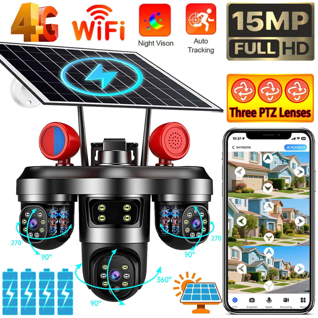 Telecamera Solare WiFi 4G con Tre Obiettivi PTZ, 15MP, per Esterni, Zoom 10X, Tre Schermi, Rilevamento Umano PIR, Videosorveglianza Wireless V380