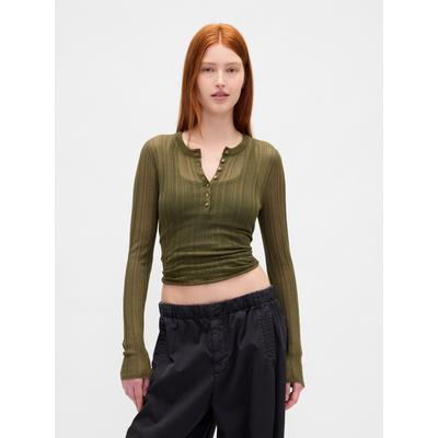 Gap Green Long Sleeve Sheer Rib Henley Top