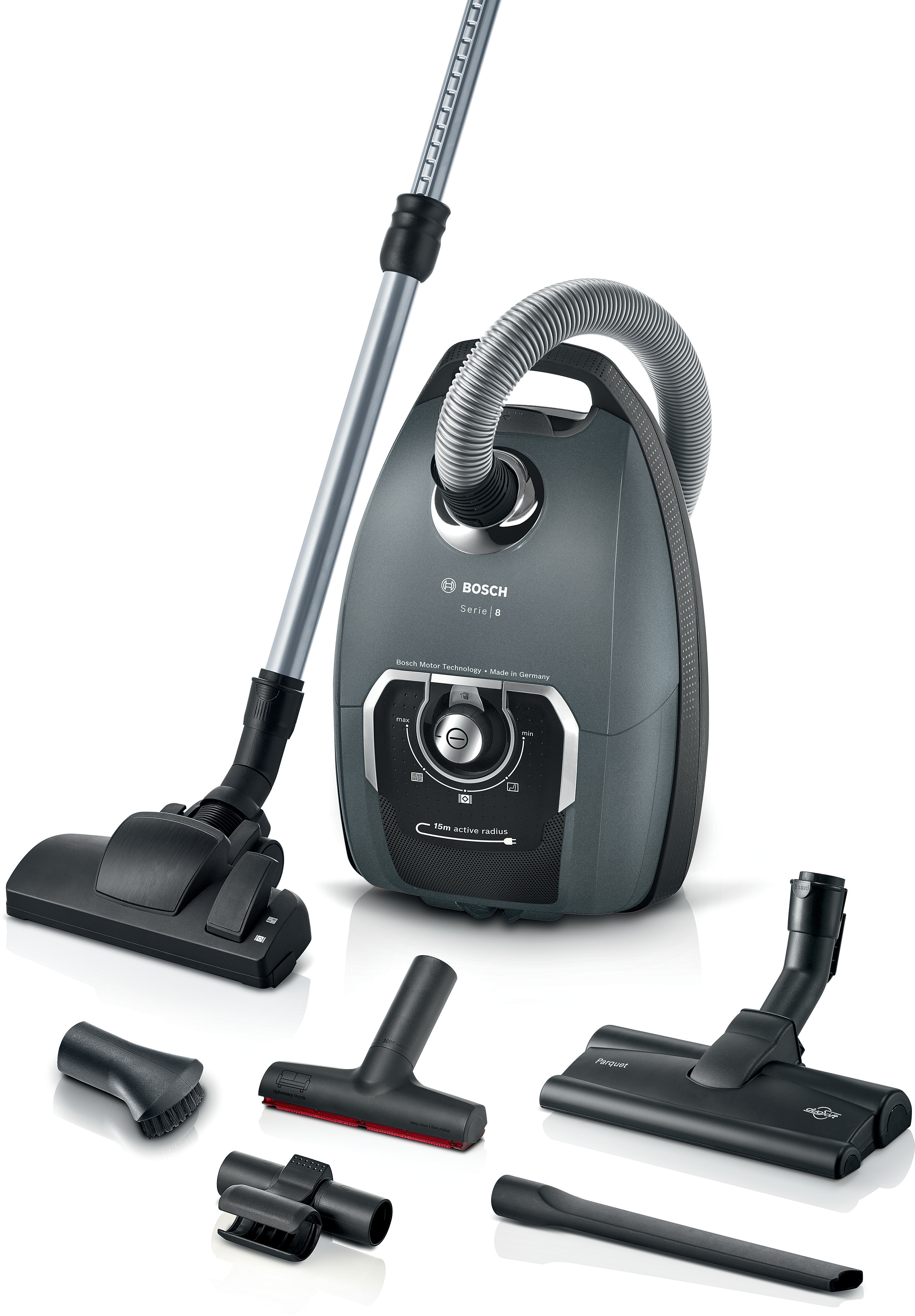 BOSCH Bodenstaubsauger "Serie 8 ProSilence, BGL75XPRQ, für Allergiker, 10 Jahre Motorgarantie", titanium, B:32cm H:27,5cm T:48cm, Bodenstaubsauger, Hygiene-Filter, Hartbodendüse, XXL-Polsterdüse, langes Kabel, grau Image