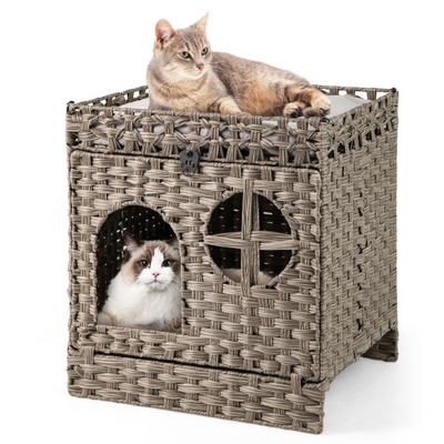 Costway Foldable 2-tier Rattan Cat Litter Box Enclosure with Litter Mat-Grey