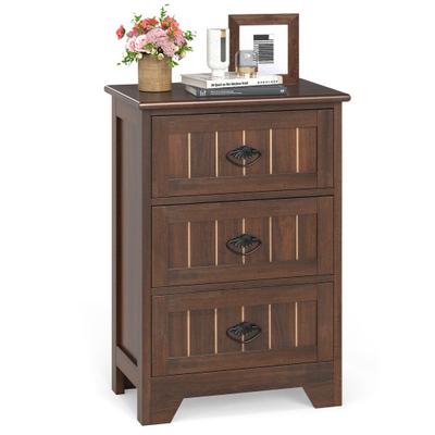 Costway Farmhouse Nightstand with 3 Storage Drawers and Handles-Walnut