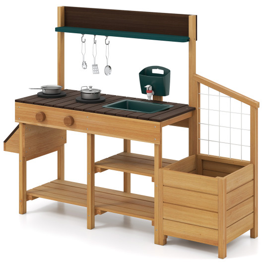 Costway Play Kitchen for Kids Wooden Toy Kitchen Playset Pretend Mud Kitchen-Brown