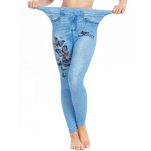 Per donna Leggings Jeans strappati Vacanza Vintage Casual Lunghezza intera Vita Alta Floreale Farfalla Fascia Elastica Stampa Morbido Confortevole Elasticizzato All'aperto Streetwear Blu azzurro cielo