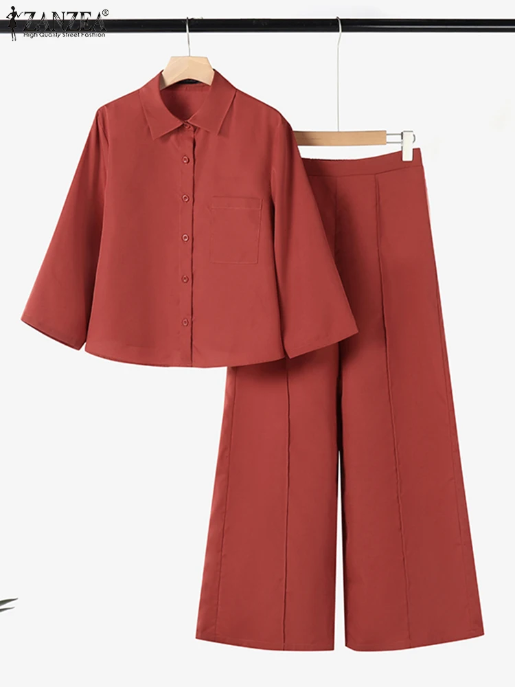 2PCS Frauen Herbst Hose Sets Mode Langarm Bluse Hosen Anzug ZANZEA Elegante Frauen OL Arbeit Trainingsanzüge Solide Passenden sets Image
