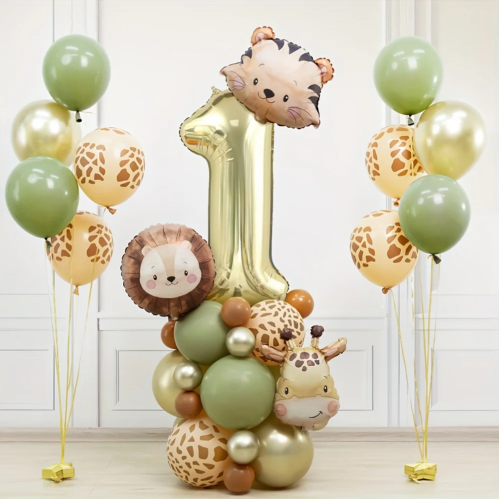 38 pezzi di palloncini per animali selvatici con palloncini dorati con numeri 1-9 per ragazzo, safari nella giungla, decorazione per feste di compleanno, fornitura per feste nella foresta