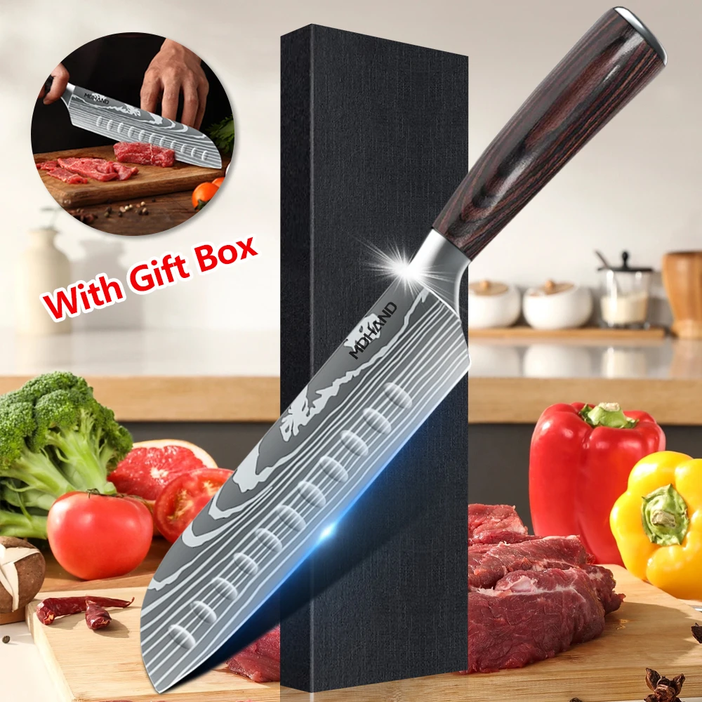 ZENG 7-Zoll-S Santoku-Messer, Allzweckmesser, professionelles Kochmesser, Fleischbeil, Schneiden, Allzweckbeil, Metzger, Kochmesser Image