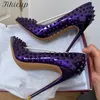 Tikicup Designer Volle Spikes Frauen Lila Patent Spitze Zehen High Heels Sexy Damen Slip Auf Stilettos Pumps Party Kleid Schuhe