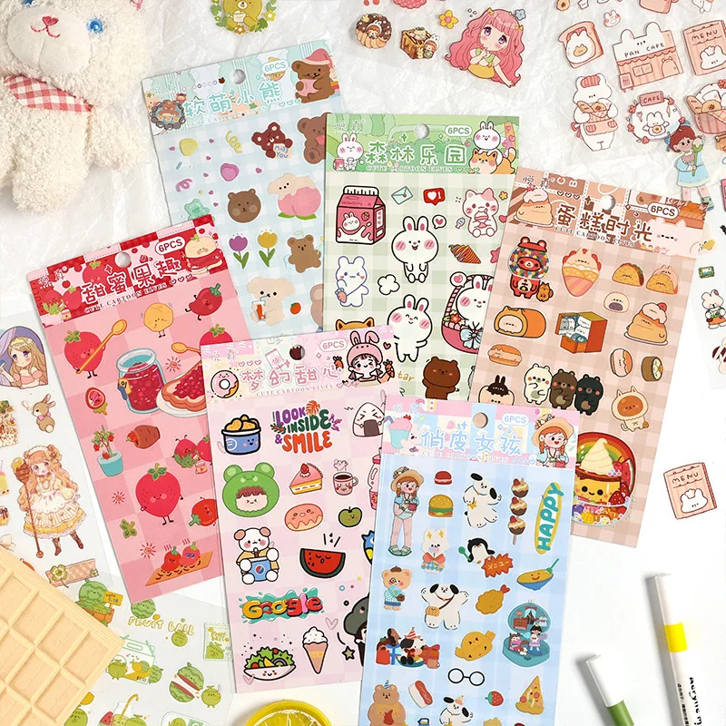 6-teiliges PET-Aufkleber-Set, Tagebuch-Dekor mit Cartoon-Motiv, gestanzte Scrapbooking-Materialien Image