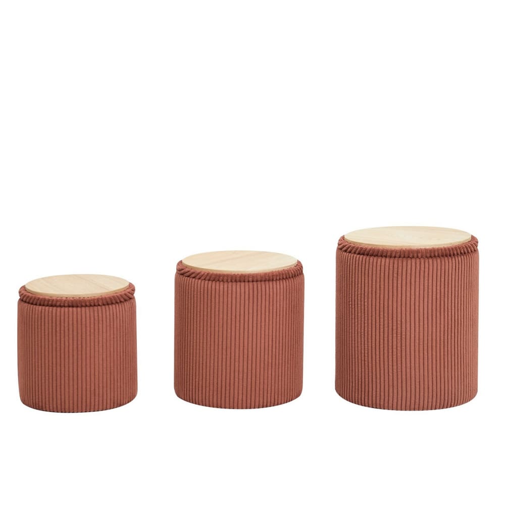 Set de 3 poufs avec rangement en bois et velours côtelé terracotta