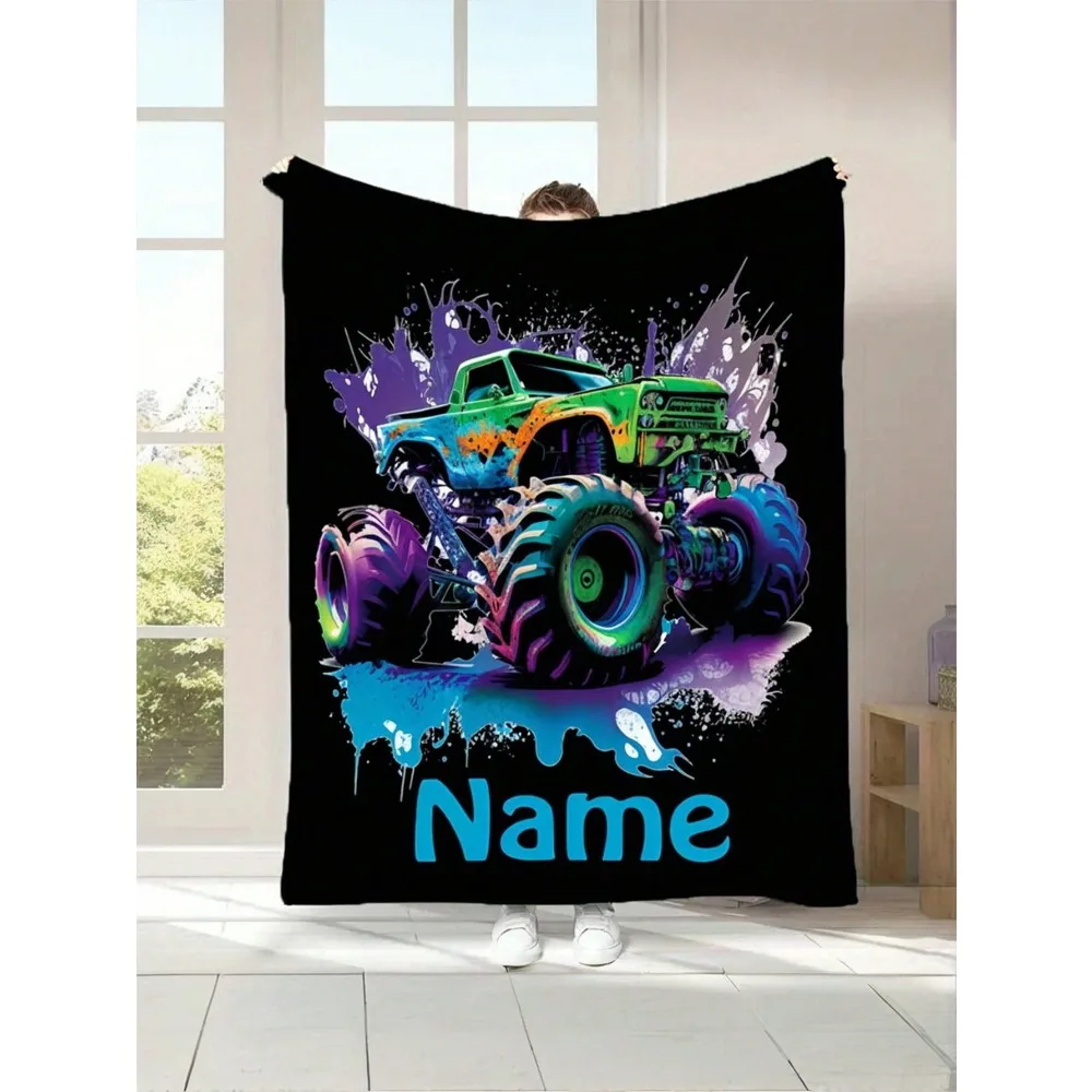 1 Stück personalisierte Cartoon-Monster-Truck-Flanelldecke – weich, gemütlich, warm für Couch, Bett, Reisen | Benutzerdefinierte Namensoption | Perfektes Geschenk Image