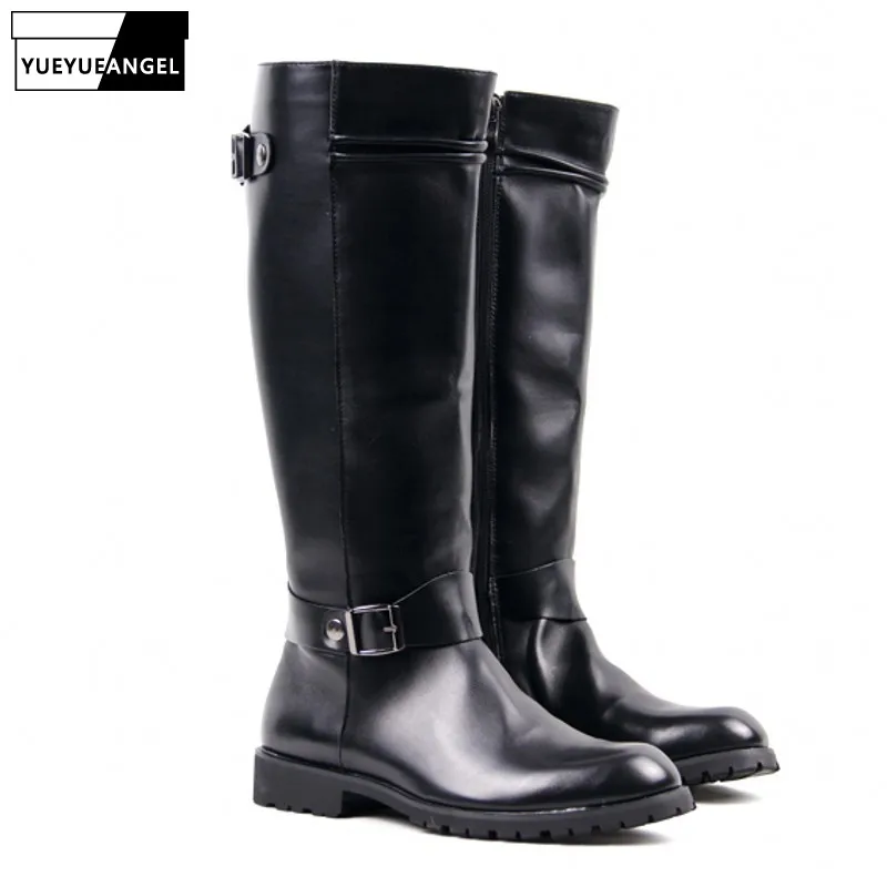 Herren Schnalle Vintage Brogue Leder Langer Reißverschluss Kniehohe Reitstiefel Schuhe Braun Neu Stilvoll Für Mann Ritterstiefel Kostenloser Versand