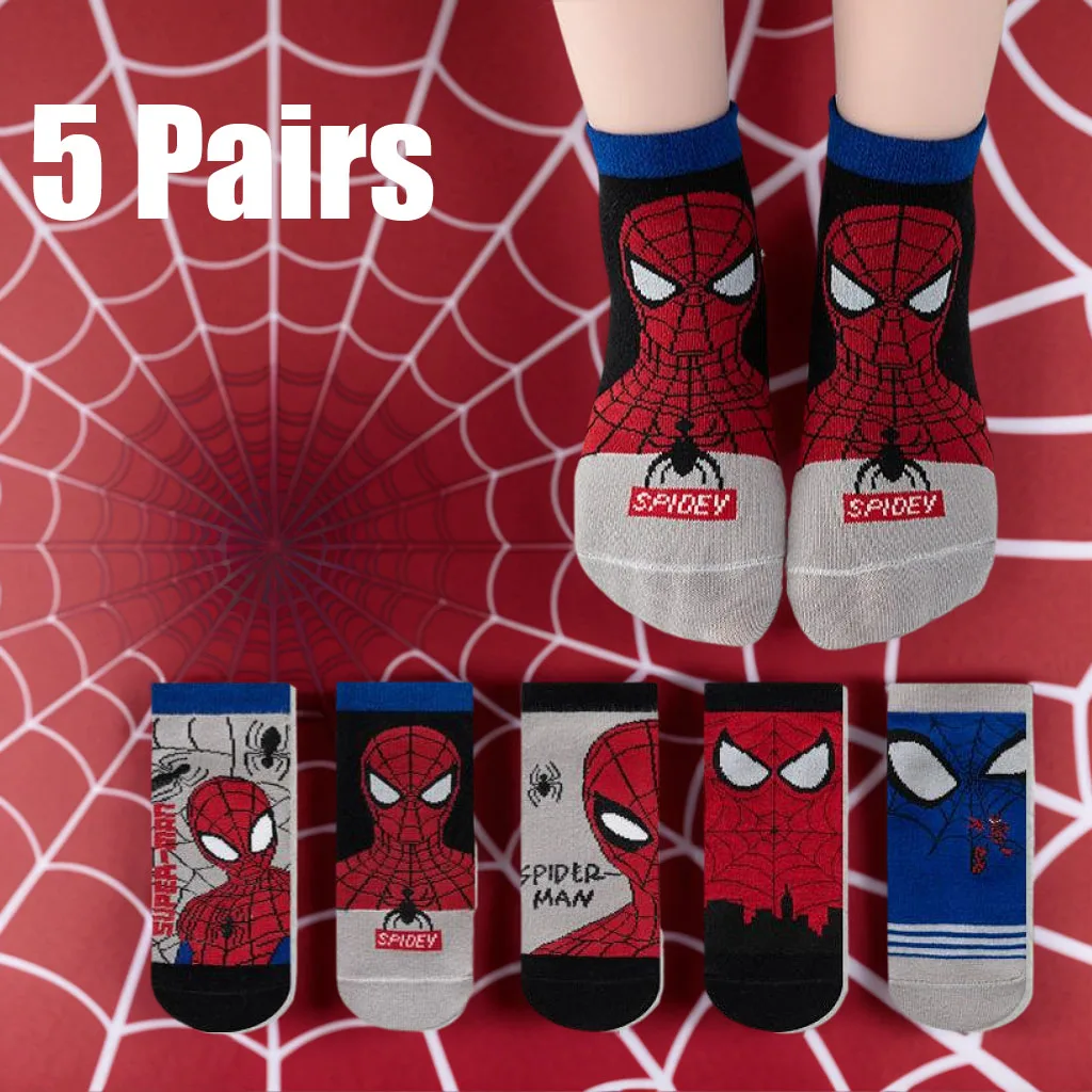 5 Pairs MARVEL Spiderman Children Socks Anime Kids Boys Short Sock Kawaii Child Cotton Cartoon Baby Boat Socks Kids Gift 1-12Y Image