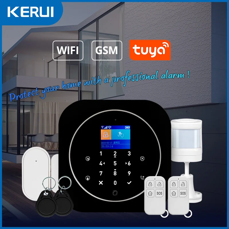 KERUI 2G/WiFi GSM Alarm Sicherheitssystem Set Tuya Smart Wireless Home Alarm mit Öffnung Türsensor Bewegungsmelder für Haus