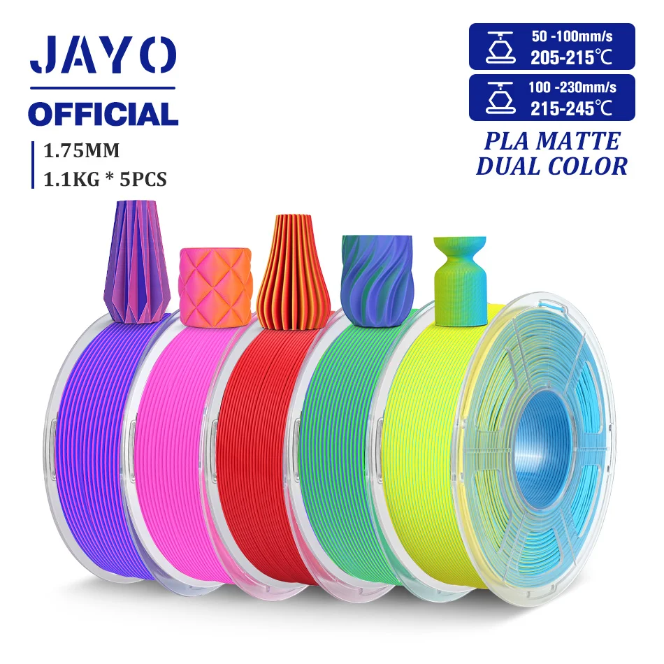 JAYO PLA Mattes zweifarbiges 3D-Filament 1,75 mm PLA Mattes 3D-Drucker-Filament 5 Rollen/Set PLA-Filament Glattes, mattes Finish Image
