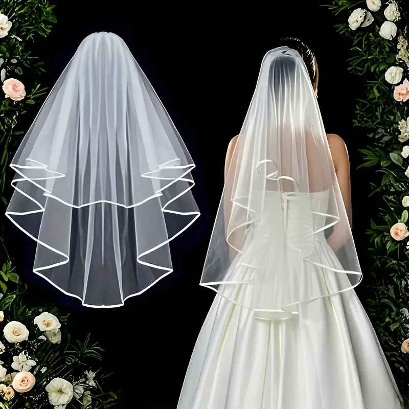 Eleganter Braut-Hochzeitsschleier aus Polyester, doppellagiger Schleier mit Haarkamm, Hochzeits-Kopfschmuck für Braut, Halloween, Foto-Requisiten, 80 cm Image