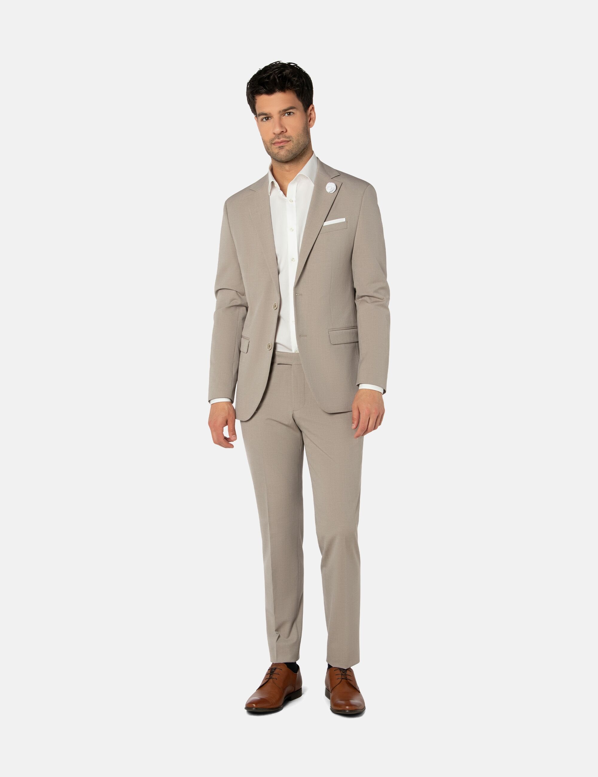 Anzug THOMAS GOODWIN "3024-90", Herren, Gr. 52, beige, 68% Polyester;28% Viskose;4% Elasthan, unifarben, festlich, slim fit, Anzüge, mit modischen Accessoires Image