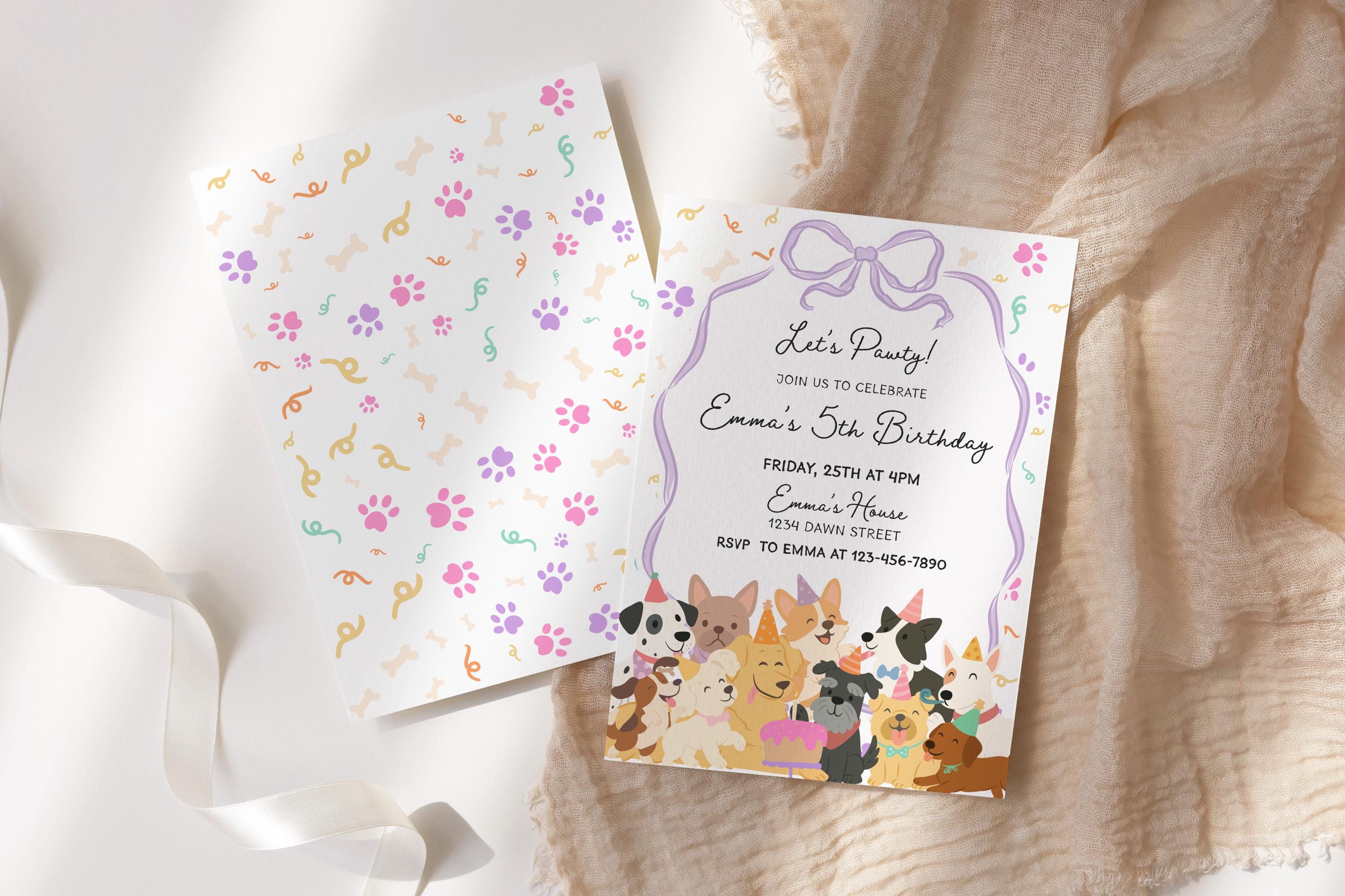 Invito Pawty, modello di invito per festa di cuccioli rosa, invito di compleanno per cagnolina, modello di invito Let's Pawty, invito per festa di com