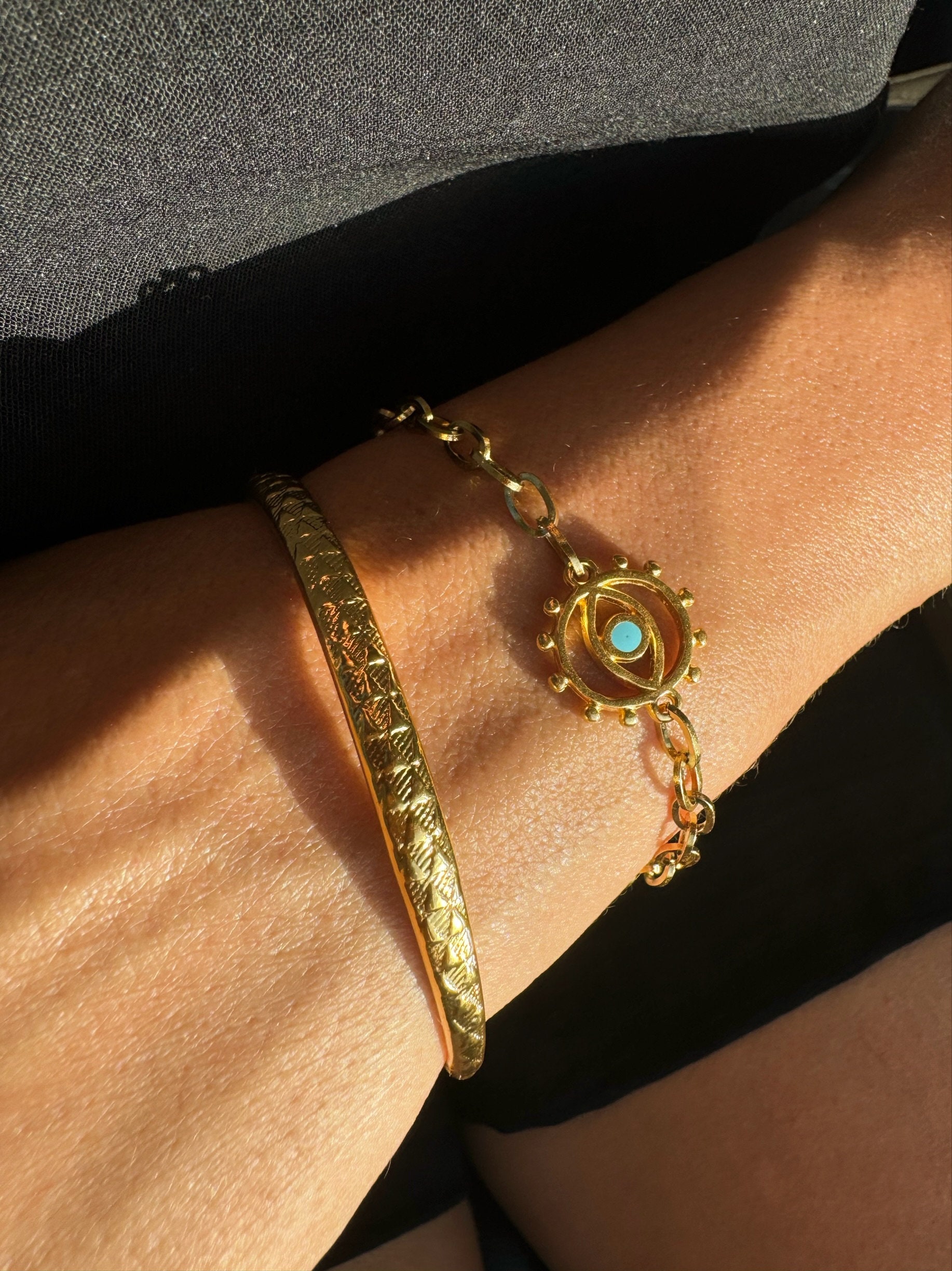 Bracciale con occhio di Allah in oro, bracciale spesso, bracciale con ciondolo a forma di occhio, gioielli con occhio di Allah, bracciale rigido da do