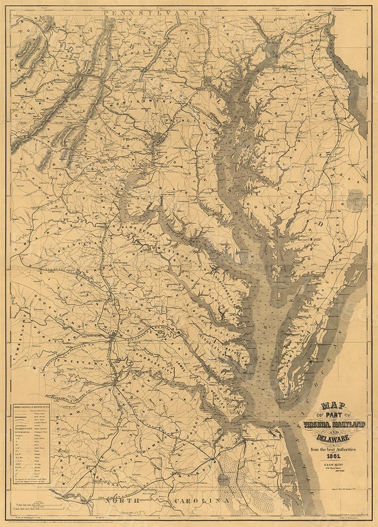 Mappa della baia di Chesapeake stampata nel 1861, stile di restauro, mappa costiera d'epoca della baia di Chesapeake, Maryland, Virginia, Delaware, ve