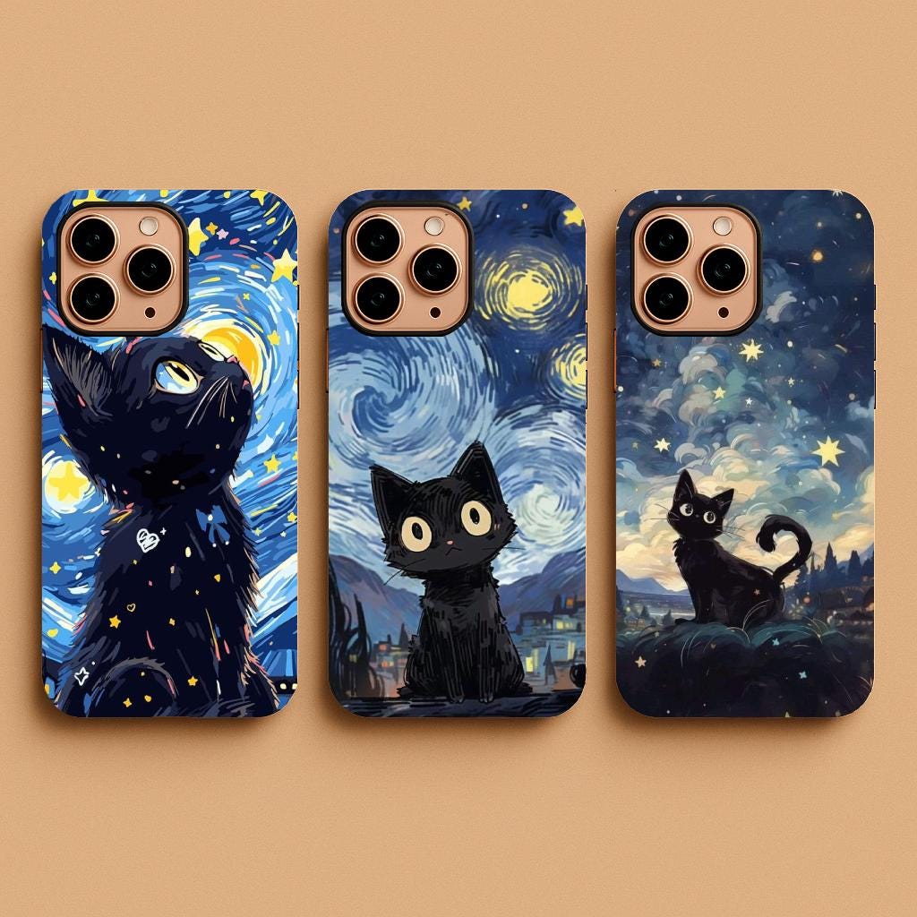 Custodia per telefono con gatto Van Gogh, custodia per telefono con gatto carino ed estetica, custodia per gatto kawaii, custodia resistente, per iPho