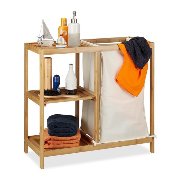 relaxdays Badregal mit Wäschekorb Bambus 65 x 68 x 33 cm natur/weiß braun Image
