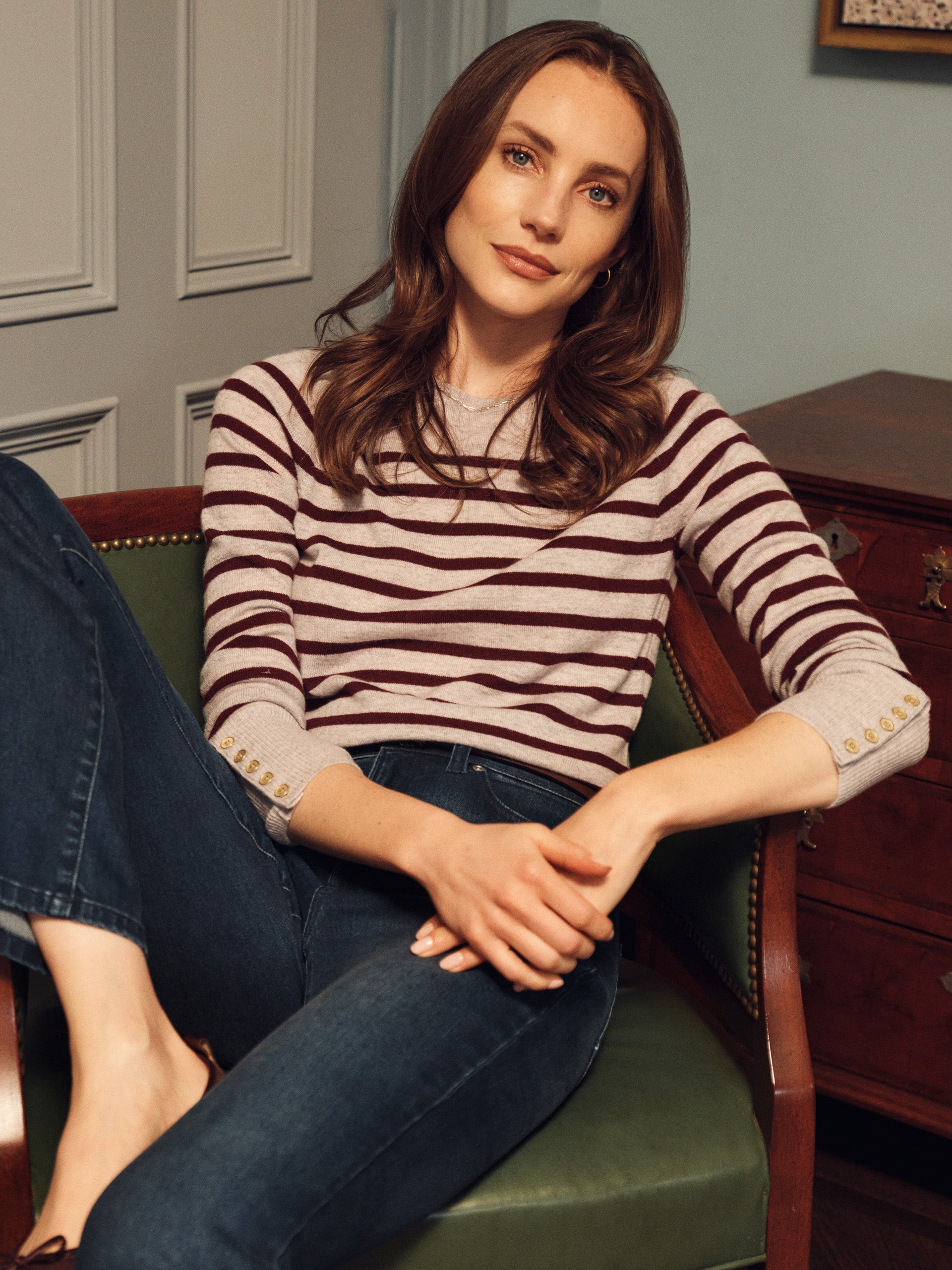 J.McLaughlin Women's Zosia Cashmere Sweater in Stripe Light Heather Gray/Burgundy, Size XS