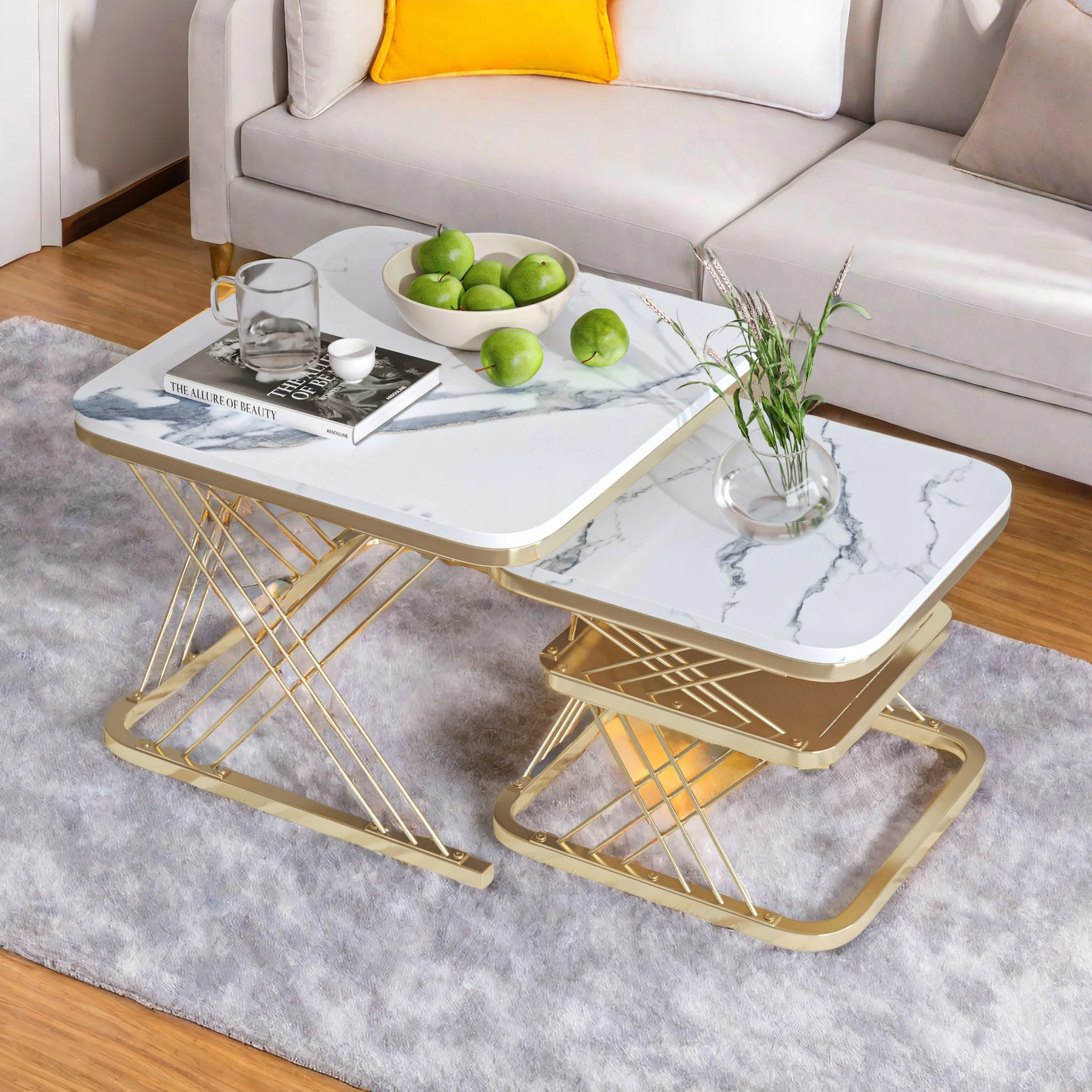 Rosahqnda 2er Set moderne Couchtische,quadratische Satztische mit Ablage,stabiler Metallständer,moderne Möbel für das Wohnzimmer