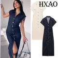 HXAO nouvelle robe en jean froncé Beige bleu robe longue à manches courtes moulante robes élégantes femme bouton chemise robes décontractées femmes