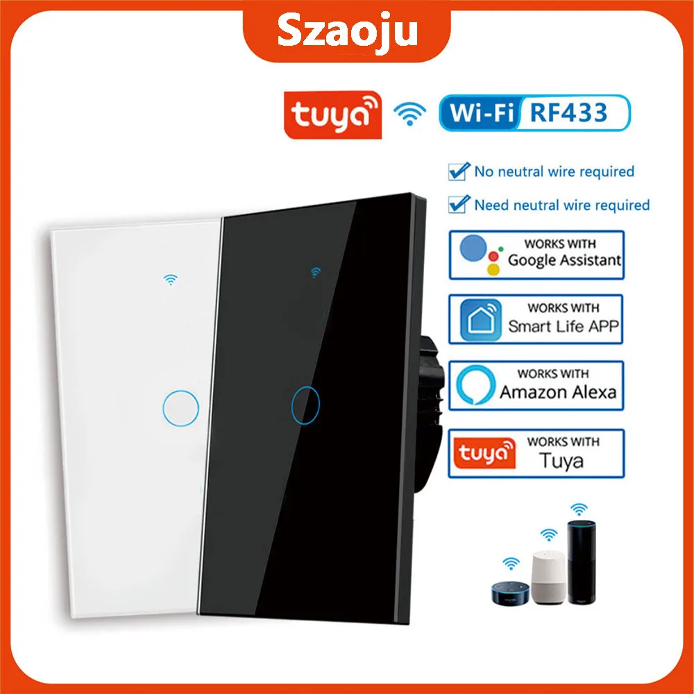 Tuya Smart Life Lichtschalter US 1/2/3-fach Ohne Neutralleiter Touch-Sensor LED-Licht WLAN Smart Wandschalter für Alexa Google Home Image